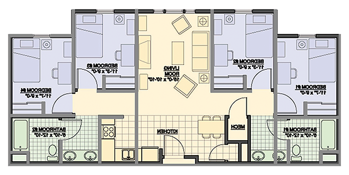 Suite floor plan with two bedrooms 11 feet 7 inches by 9 feet, two bedrooms 11 feet 3 inches by 9 feet, bathrooms 6 feet 10 inches by 12 feet 10 inches, and living room 15 feet by 10 feet 10 inches. The kitchen is slightly larger than the living room.